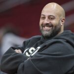 Dec 19, 2022; Houston, Texas, USA; against the Houston Rockets general manager Rafael Stone smiles before the game against the San Antonio Spurs at Toyota Center. Mandatory Credit: Troy Taormina-USA TODAY Sports
