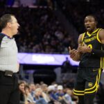 Golden State Warriors forward Jonathan Kuminga argues call while playing against Houston Rockets