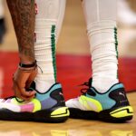 Apr 2, 2023; Houston, Texas, USA; A detail shot of sneakers worn by Houston Rockets guard Kevin Porter Jr. (3) against the Los Angeles Lakers during the first quarter at Toyota Center. Mandatory Credit: Erik Williams-USA TODAY Sports