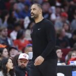 Mar 31, 2024; Houston, Texas, USA; Houston Rockets head coach Ime Udoka reacts after a play during the third quarter against the Dallas Mavericks at Toyota Center. Mandatory Credit: Troy Taormina-USA TODAY Sports