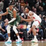 Milwaukee Bucks trade candidate Giannis Antetokounmpo guarded by Toronto Raptors forward Scottie Barnes