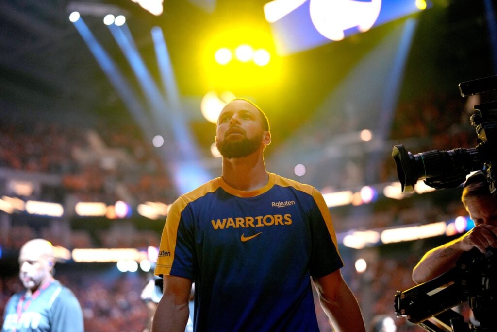 California, USA; Golden State Warriors guard Stephen Curry (30) is introduced against the Houston Rockets before the start of game six of the first round for the 2025 NBA Playoffs at Chase Center.