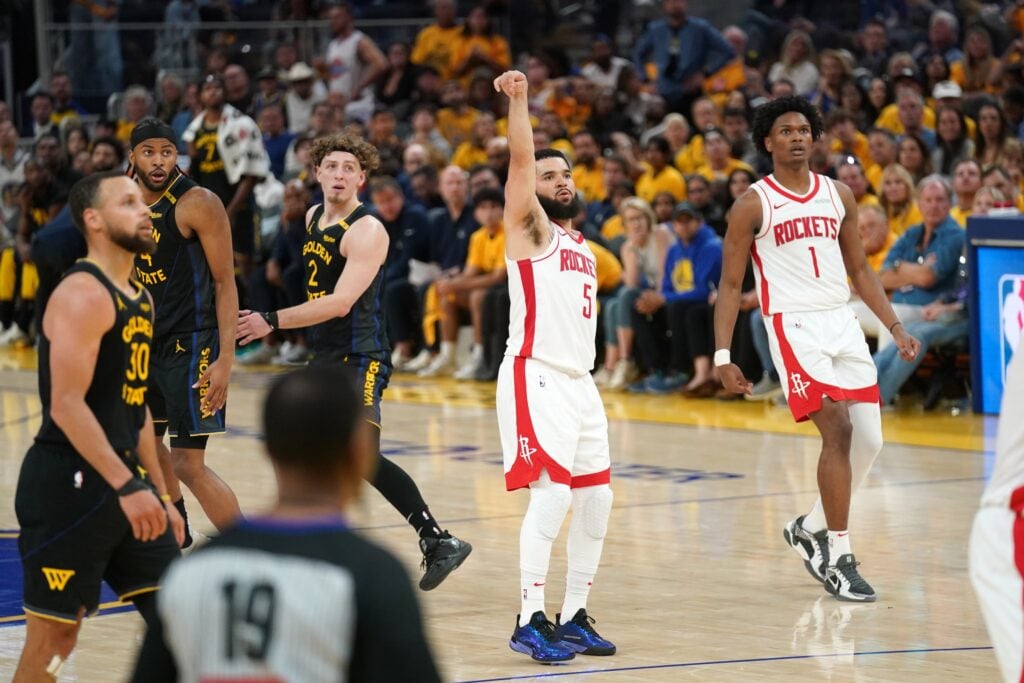 Houston Rockets guard Fred VanVleet (5) reacts after making a three-point basket against the Golden State Warriors in the fourth quarter of game six of the first round for the 2025 NBA Playoffs at Chase Center.