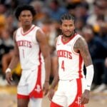 Houston Rockets guard Jalen Green (4) stands in front of forward Amen Thompson (1) during action against the Golden State Warriors in the fourth quarter of game six of the first round for the 2025 NBA Playoffs at Chase Center.