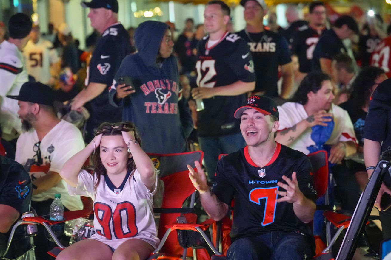 Houston Texans fans gather in downtown Houston to watch the 2025 NFL Draft