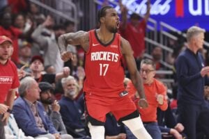 Houston Rockets forward Tari Eason (17) reacts after making a basket during the second quarter during game two of the first round for the 2024 NBA Playoffs against the Golden State Warriors at Toyota Center.